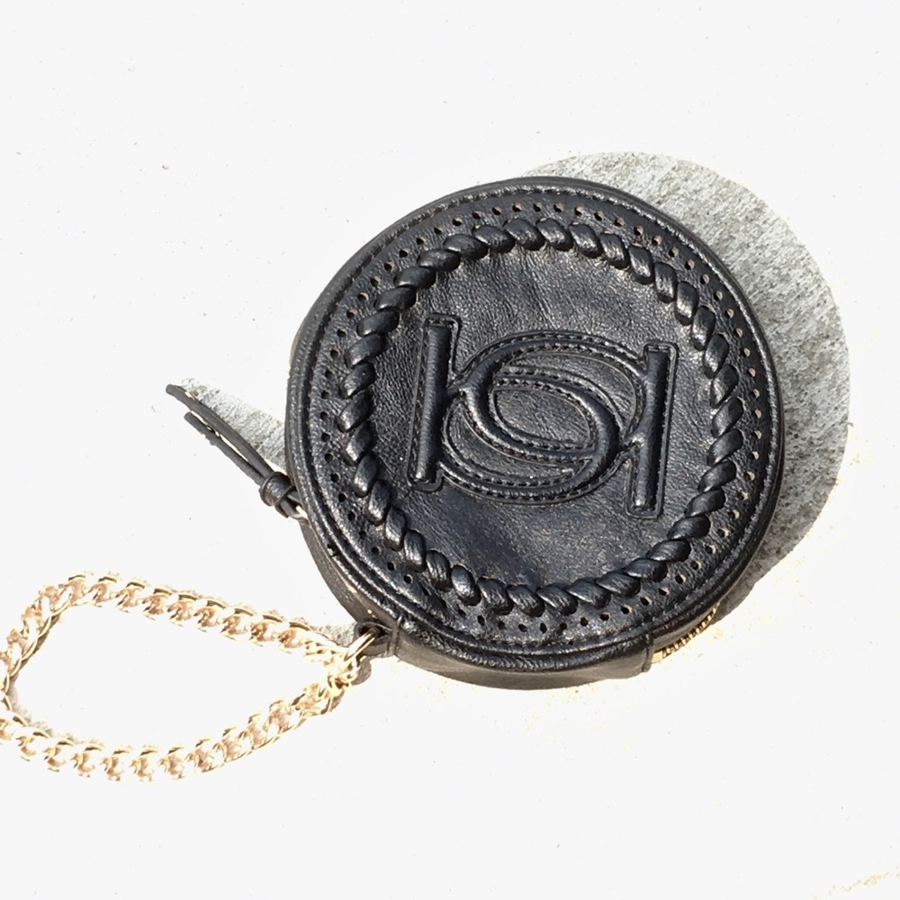 bebe Black Leather Wristlet with Gold Chain